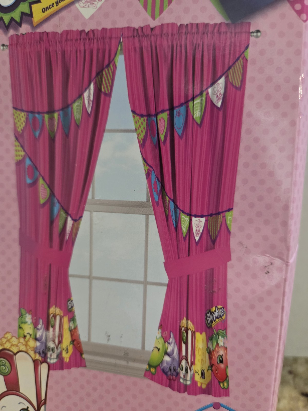 Shopkins Window 2 Panels Microfiber Curtains Pennant Flag 82×63 Pink Set Bedroom