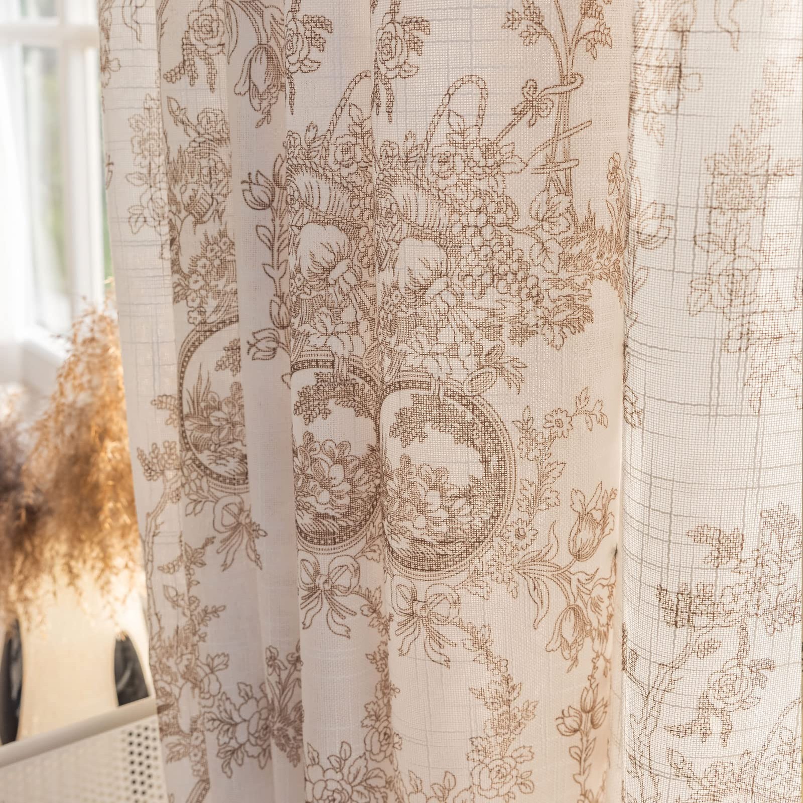 Coffee Floral Semi Sheer Curtains Linen Textured for Living Room 84 inches Lo…