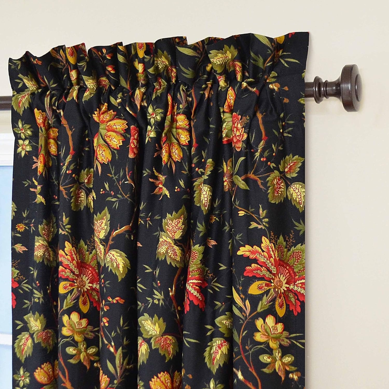 Waverly “Felicite Noir” Floral Jacobean Sateen Curtain 2 Panels Pair 84×48″ EXC!