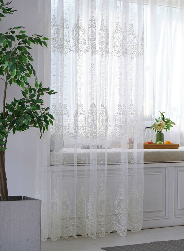 Floral Embroidered Sheer Curtain Elegant Tulle Curtain Voile Window Drape 1Piece