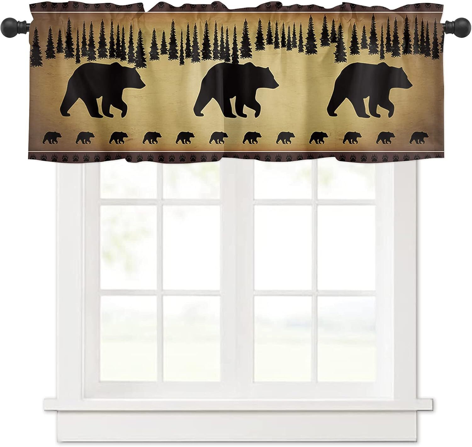 Curtain valance 54″x18″ black bear forest silhouettes rod pocket vintage