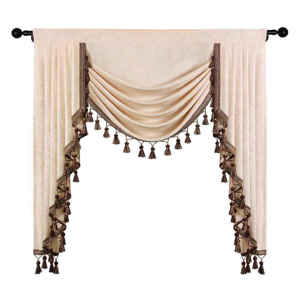 ELKCA Beige Thick Chenille Waterfall Valance for Living Room Window Curtains