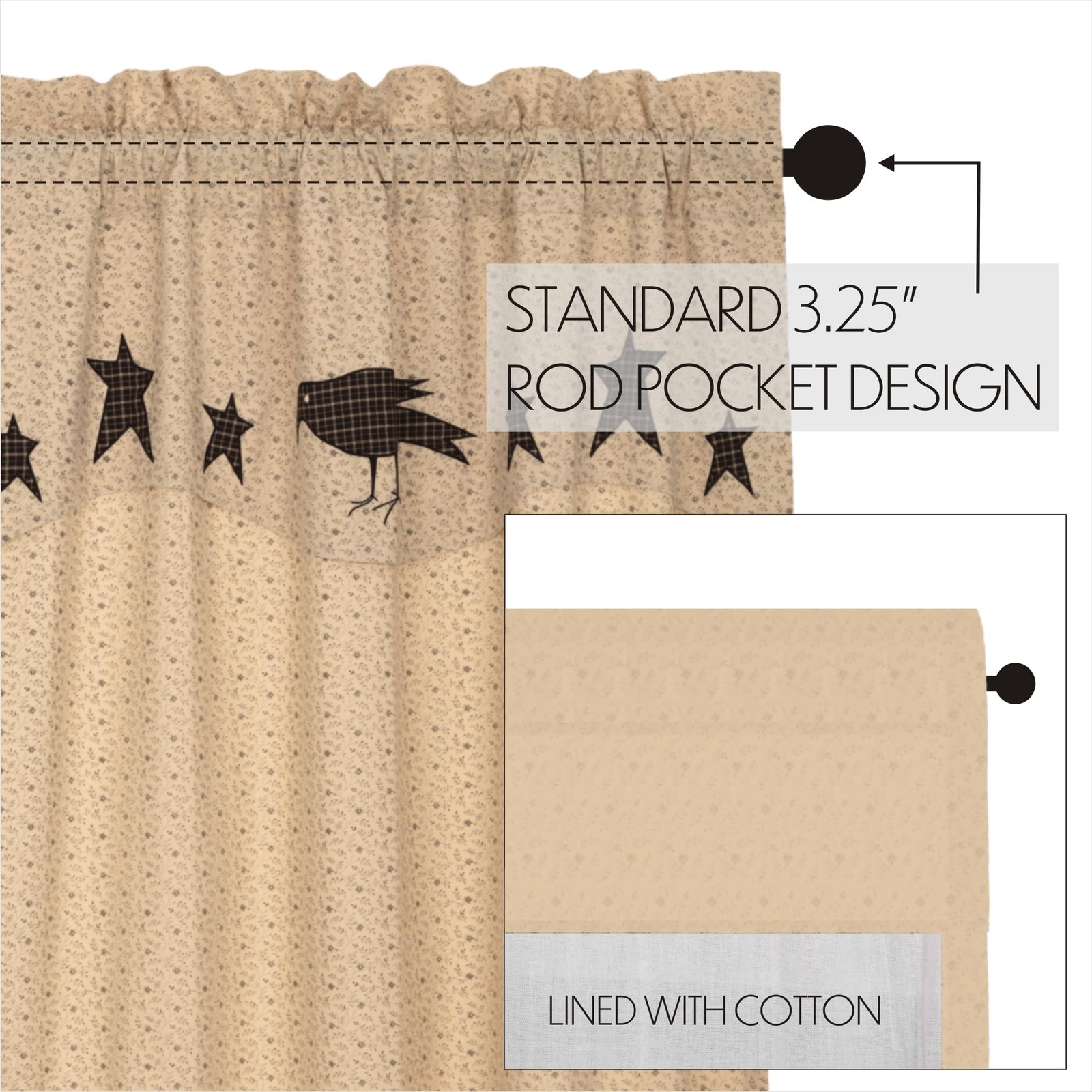 Vhc Brands Kettle Grove Panel Attached Applique Crow And Star Valance Set Of 2