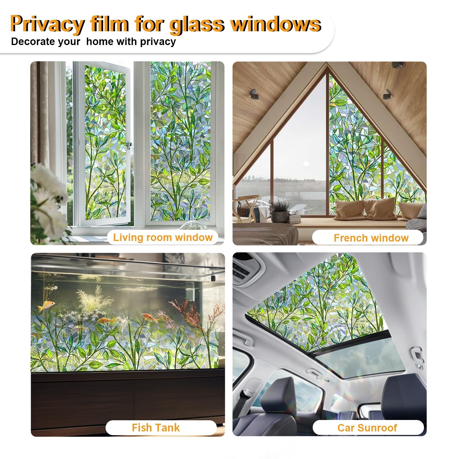 Window Privacy Film Stain Glass 17.5 x 78.7 in, Leaf Rainbow