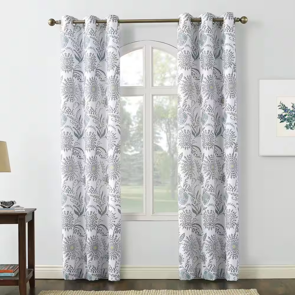 Janelle Medallion Floral White 40 In. W X 84 In. L Grommet Light Filtering Curta
