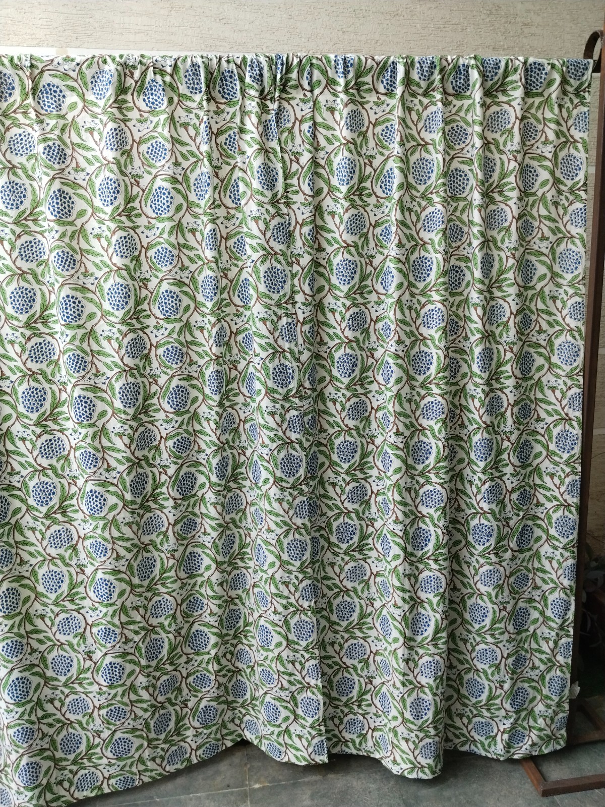 Hand Block Print Cotton Curtain Set, Blue Floral Boho Drapes