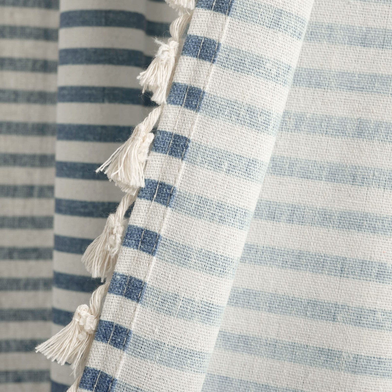 Boho Coastal Horizontal Ticking Stripe Tassel Window Curtain Panel Pair, 52″ …