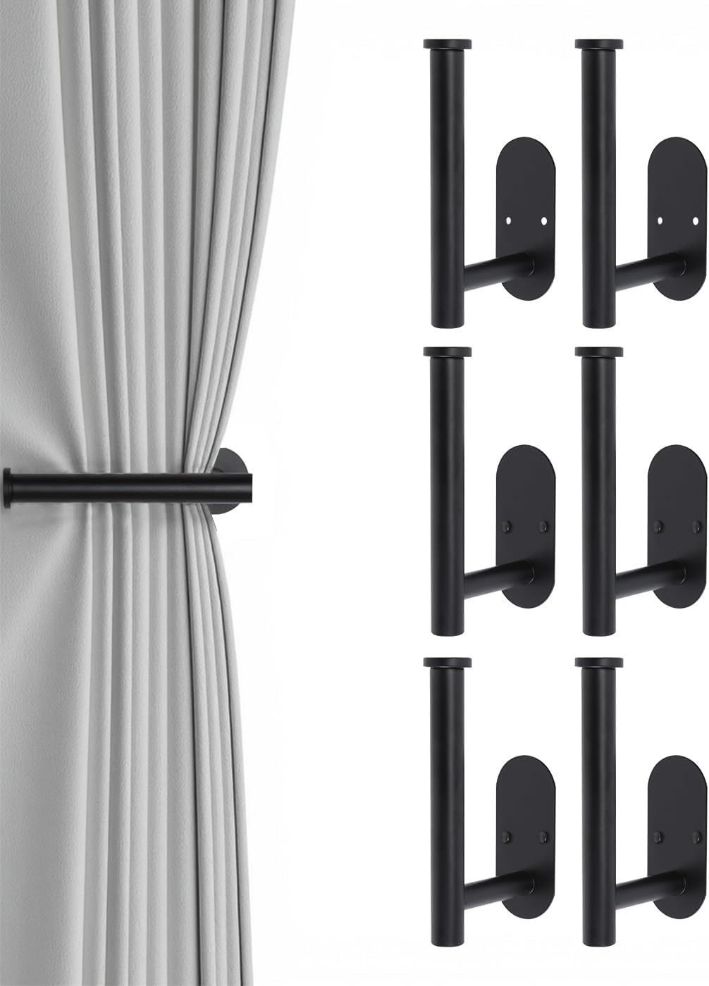 6Pcs Black Stainless Steel Curtain Tiebacks, Wall Mounted Curtain Holders, Tie B