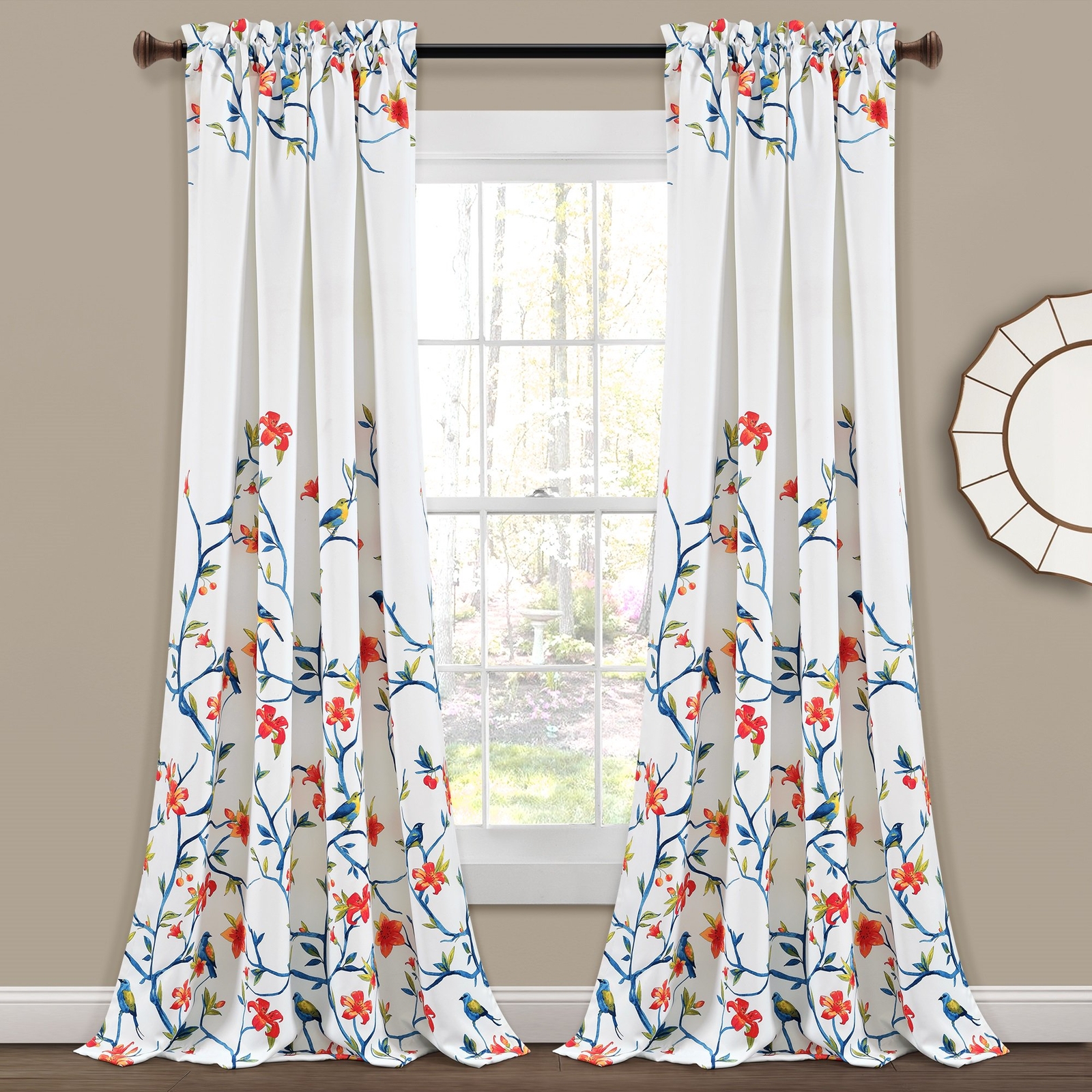 Set 2 White Blue Orange Floral Birds Curtains Panels Drapes 84 95 inch Darkening