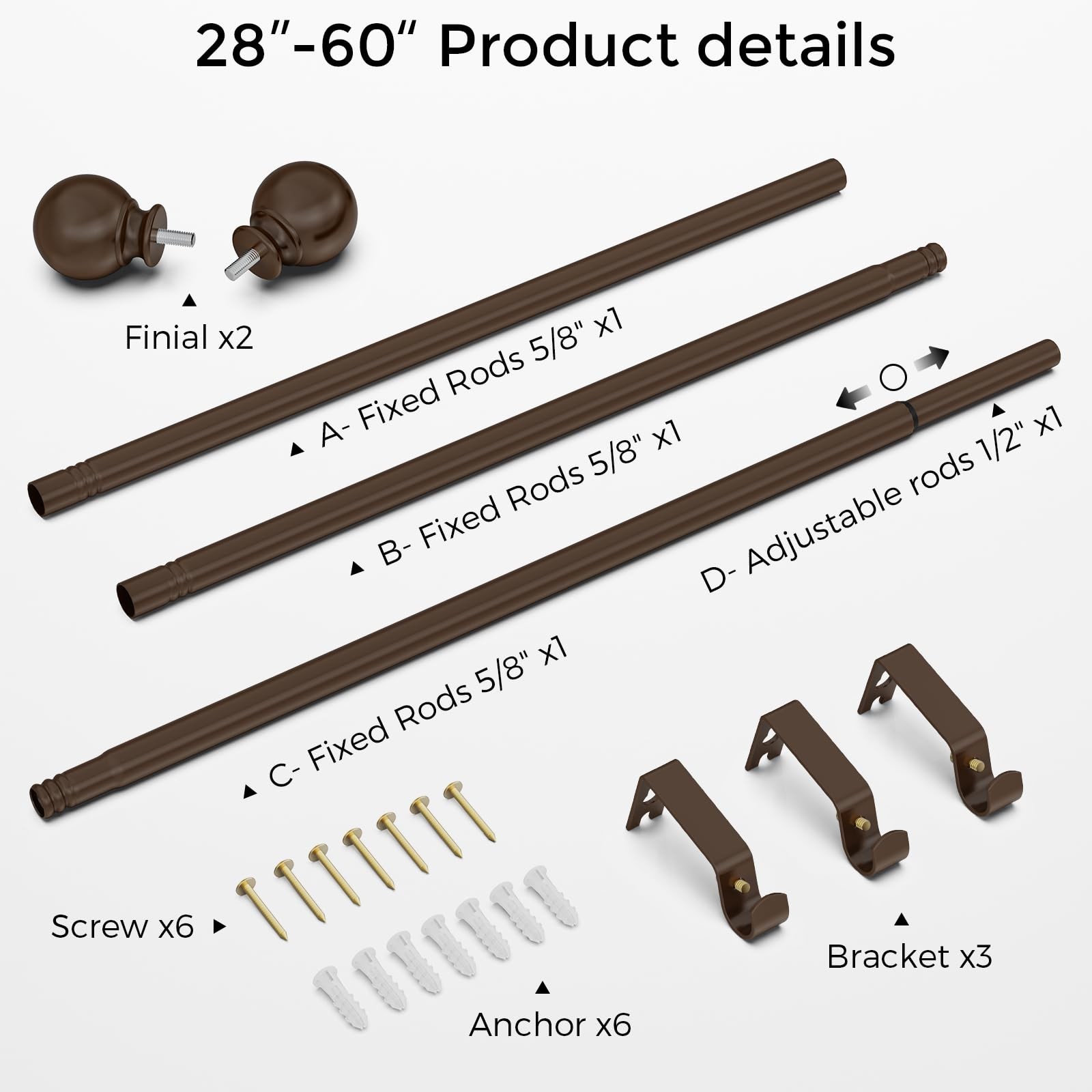 Bronze Curtain Rods 18 to 60 Inches(1.5-5 Feet),5/8 inch Splicing Drapery Rod…