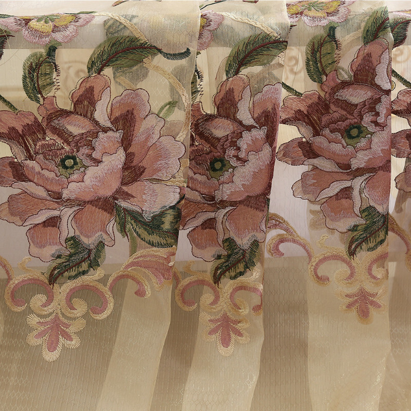 Embroidery Blackout Curtains Pastoral Tulle Sheer Pink Window Drape Eyelets