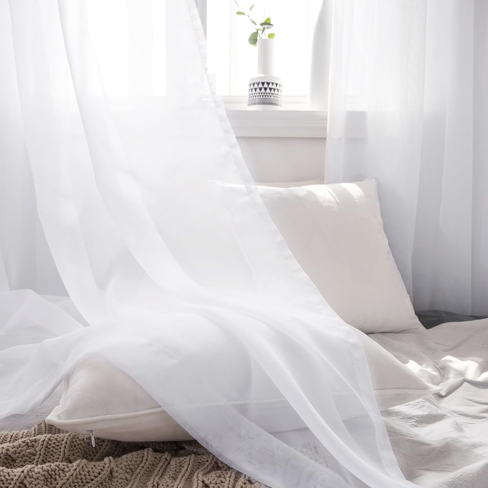 MIULEE 2 Panels Solid Color White Sheer 54″W x 120″L (Pack of 2),