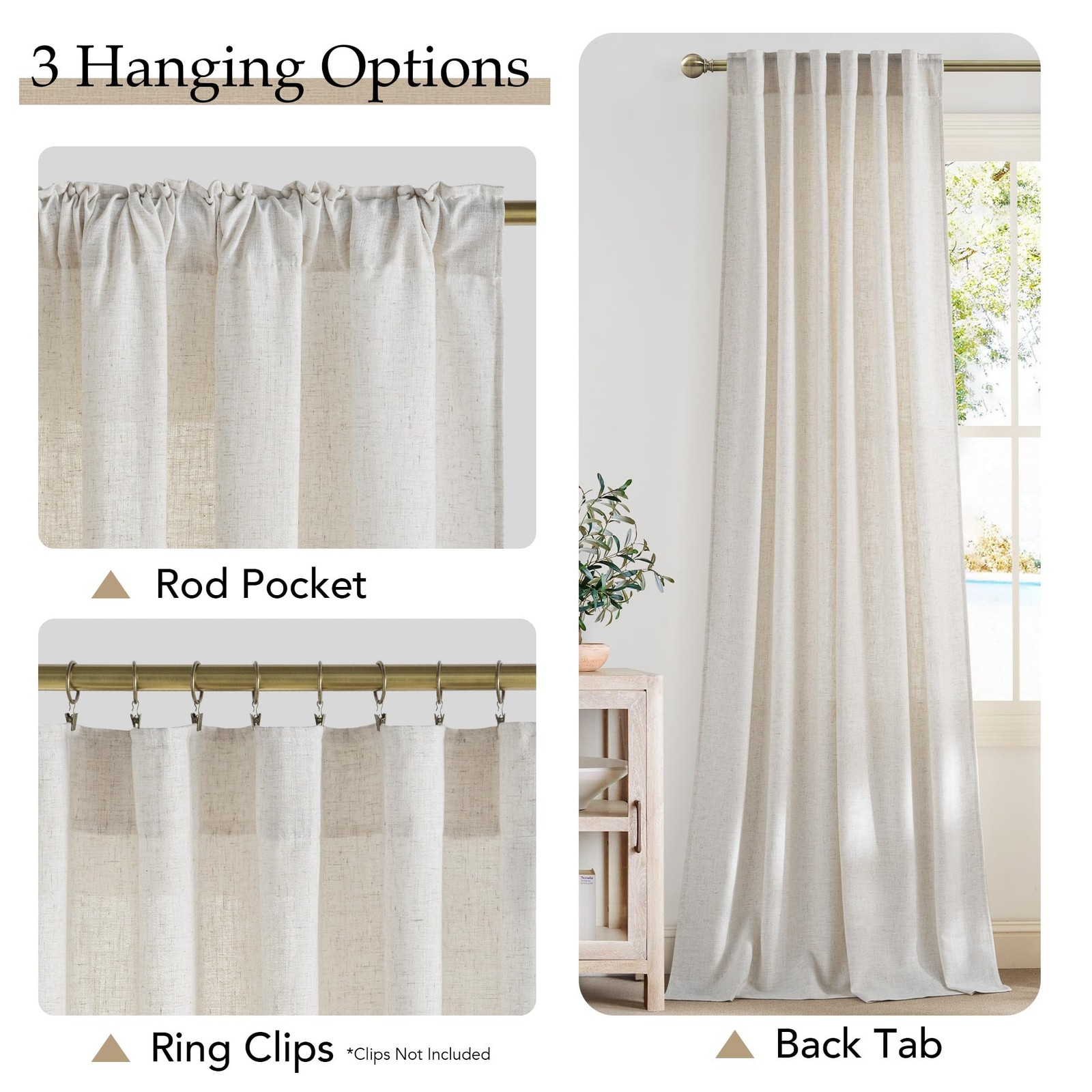 NICETOWN Linen Curtains 90 Inch Long 2 Panels Set for Living Room, 55″ Wide T…