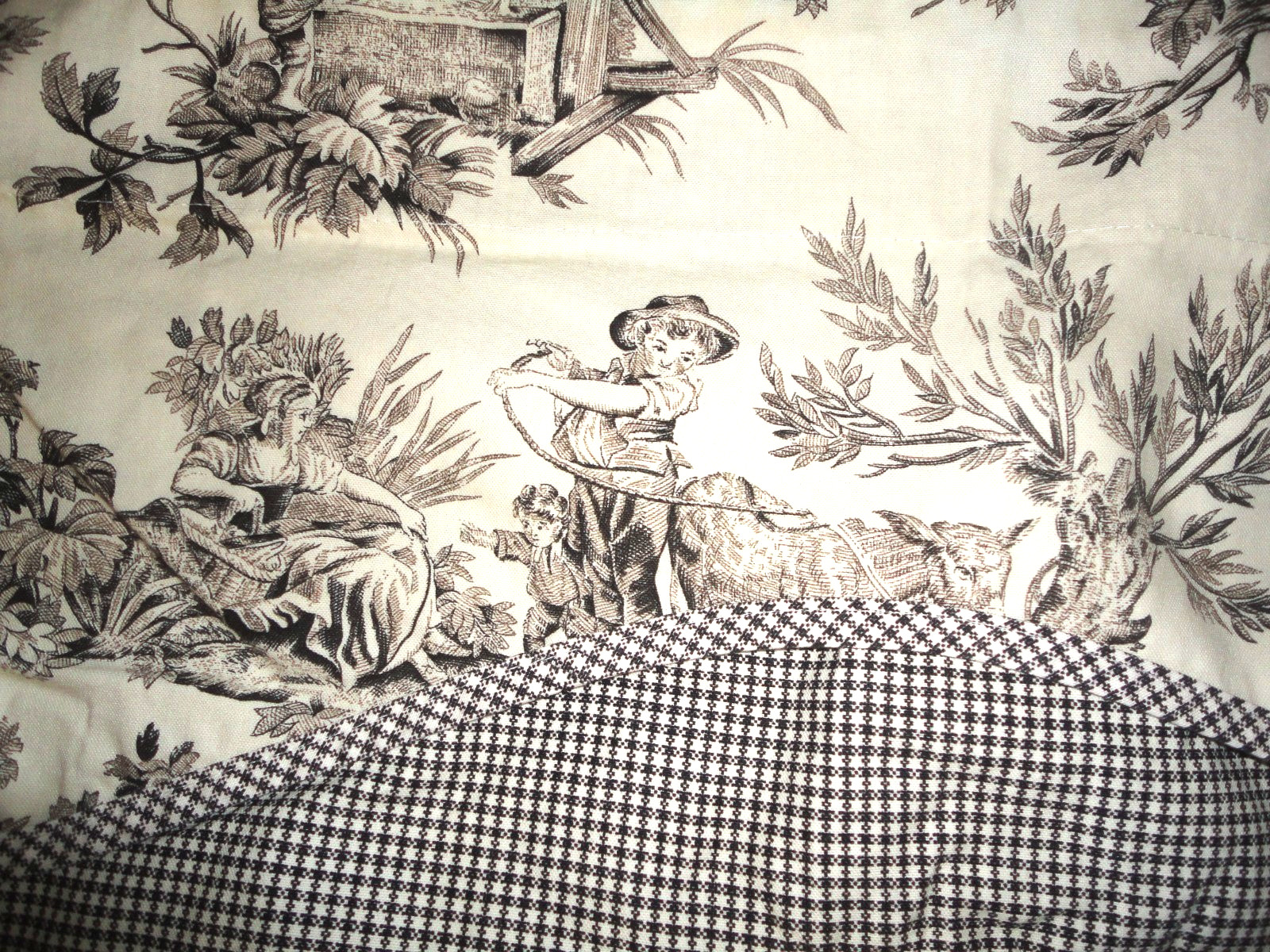 WAVERLY COUNTRY TOILE BROWN CREAM GINGHAM SWINGS MULES (2) VALANCES 14X50