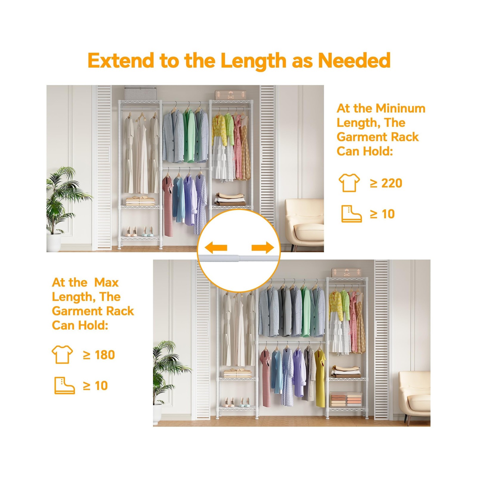 H10 Expandable Clothes Rack Clothing Rack for Hanging Clothes, Heavy Duty Gar…