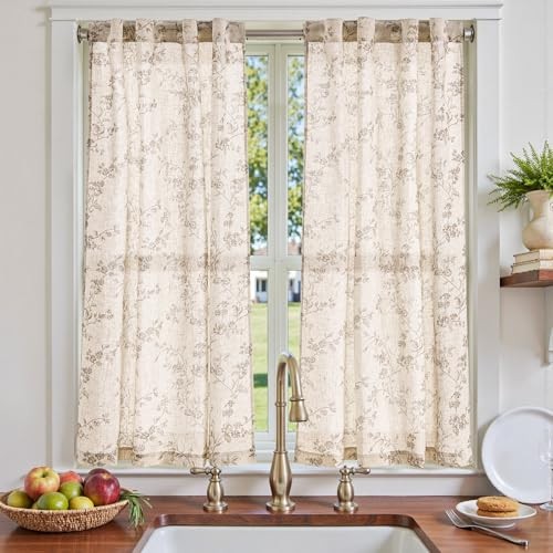 Floral Linen Kitchen Curtains, 54 Inch, 38″W x 54″L (Pack of 2) Alisa Taupe