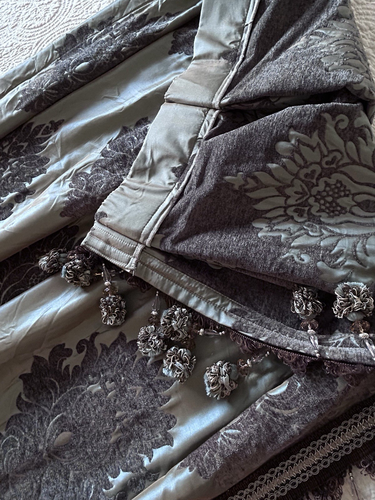 Custom Pleated Drapery Panels Pair 110”L Silk? High-end Tassel Trim 27”W