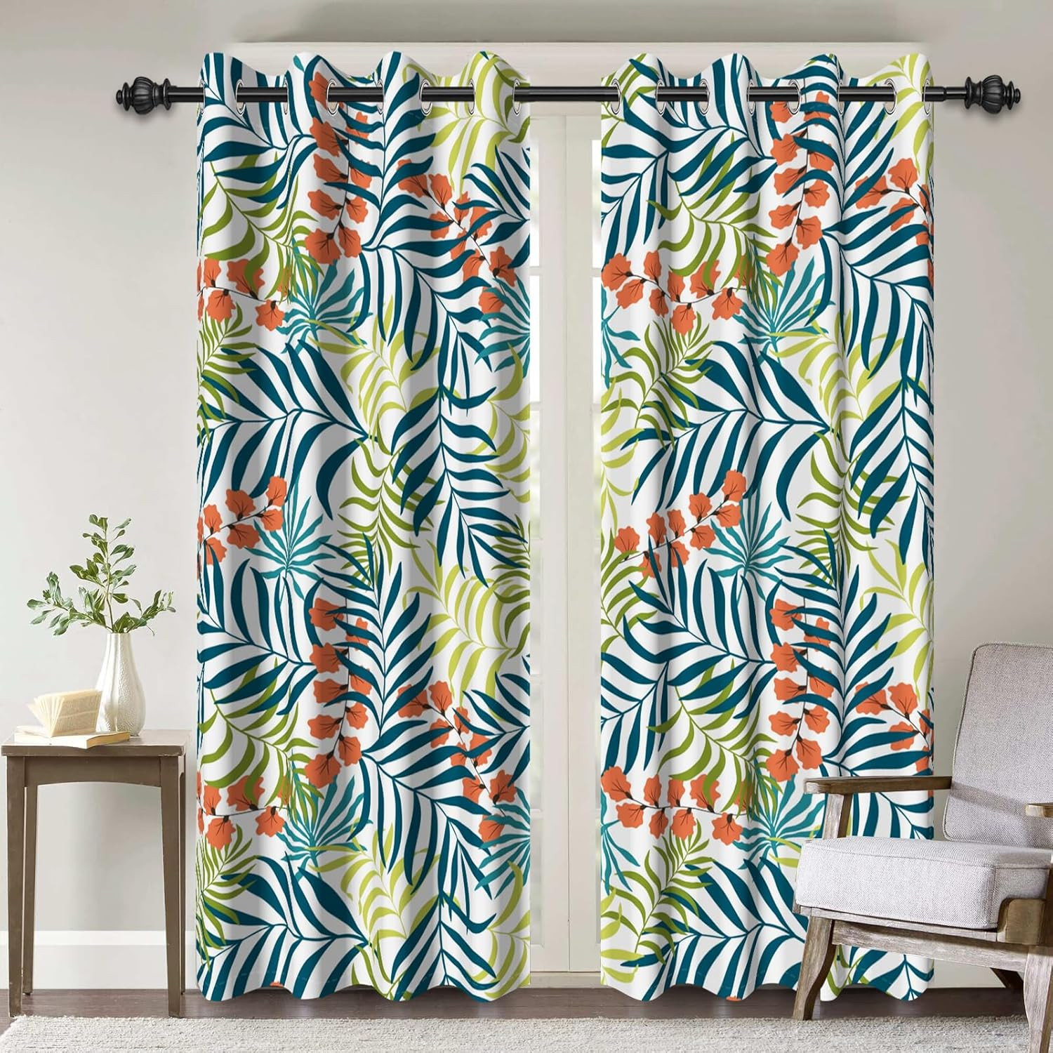 Blackout Curtains for Living Room, Leaf Print Boho Window Blackout Curtains 84 I