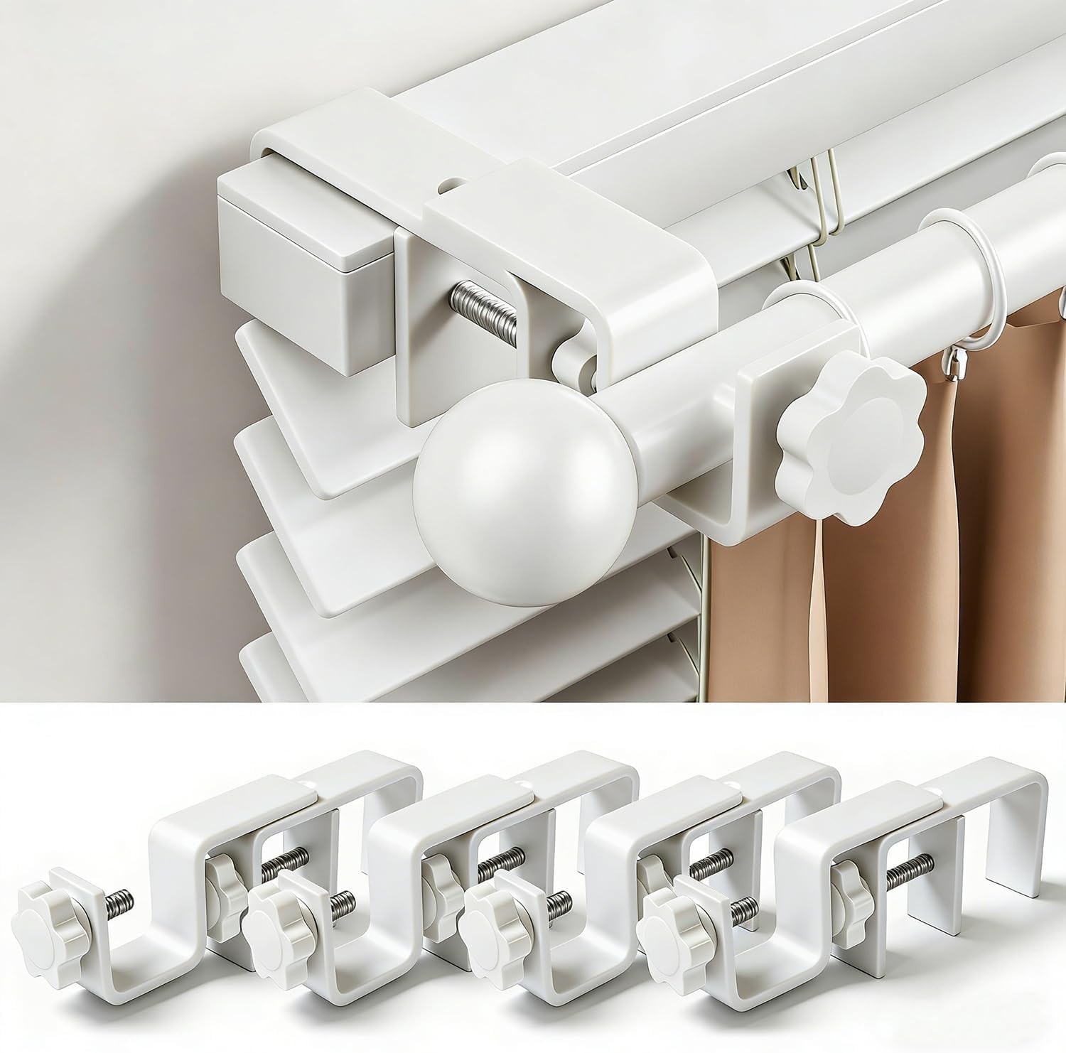 No Drill Curtain Rod Brackets for Outside-Mount Blinds, Tool-Free Holders, 4 Pac