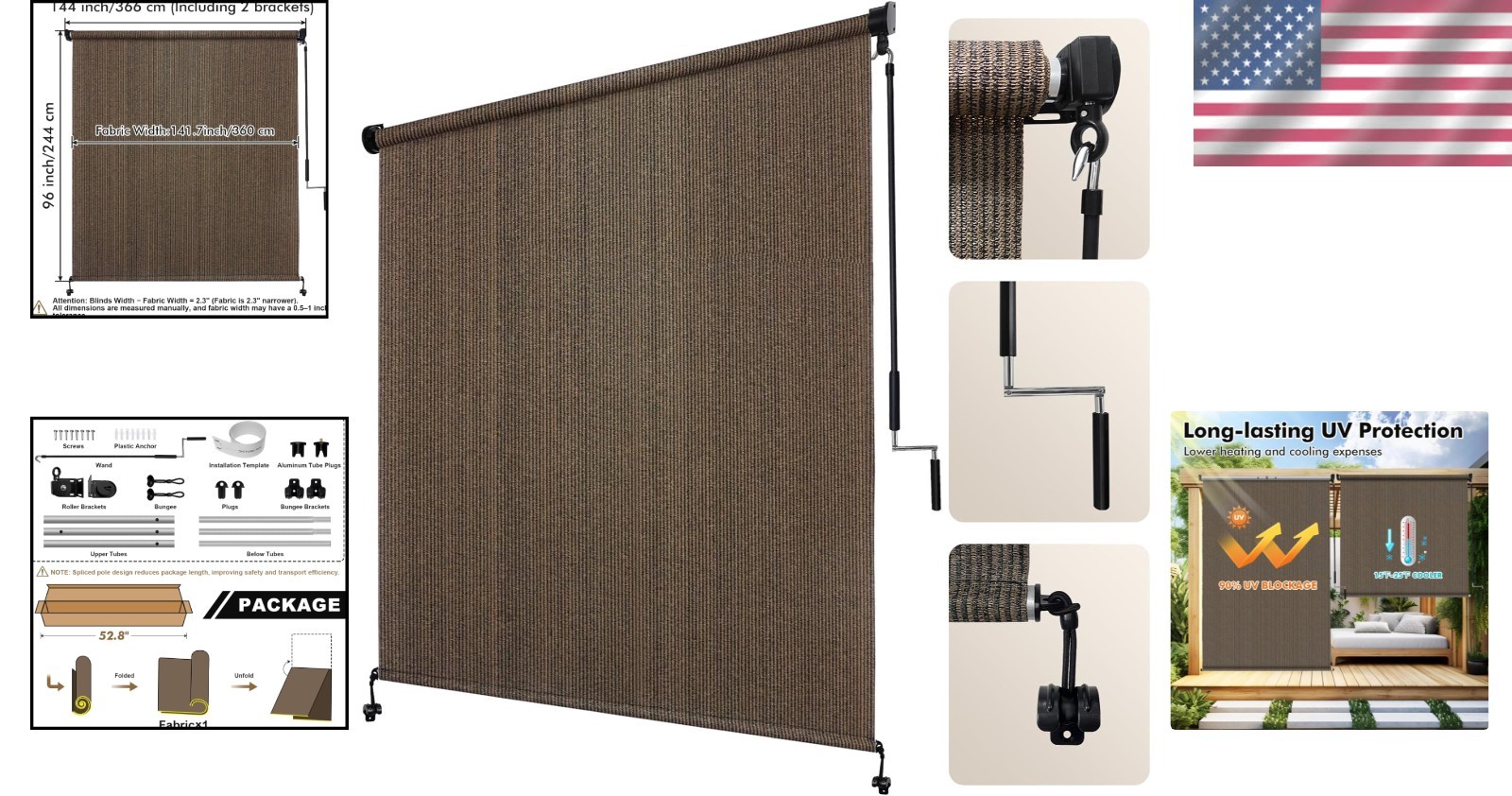 UV Protective Patio Roller Blind – 12ft x 8ft – Mocha