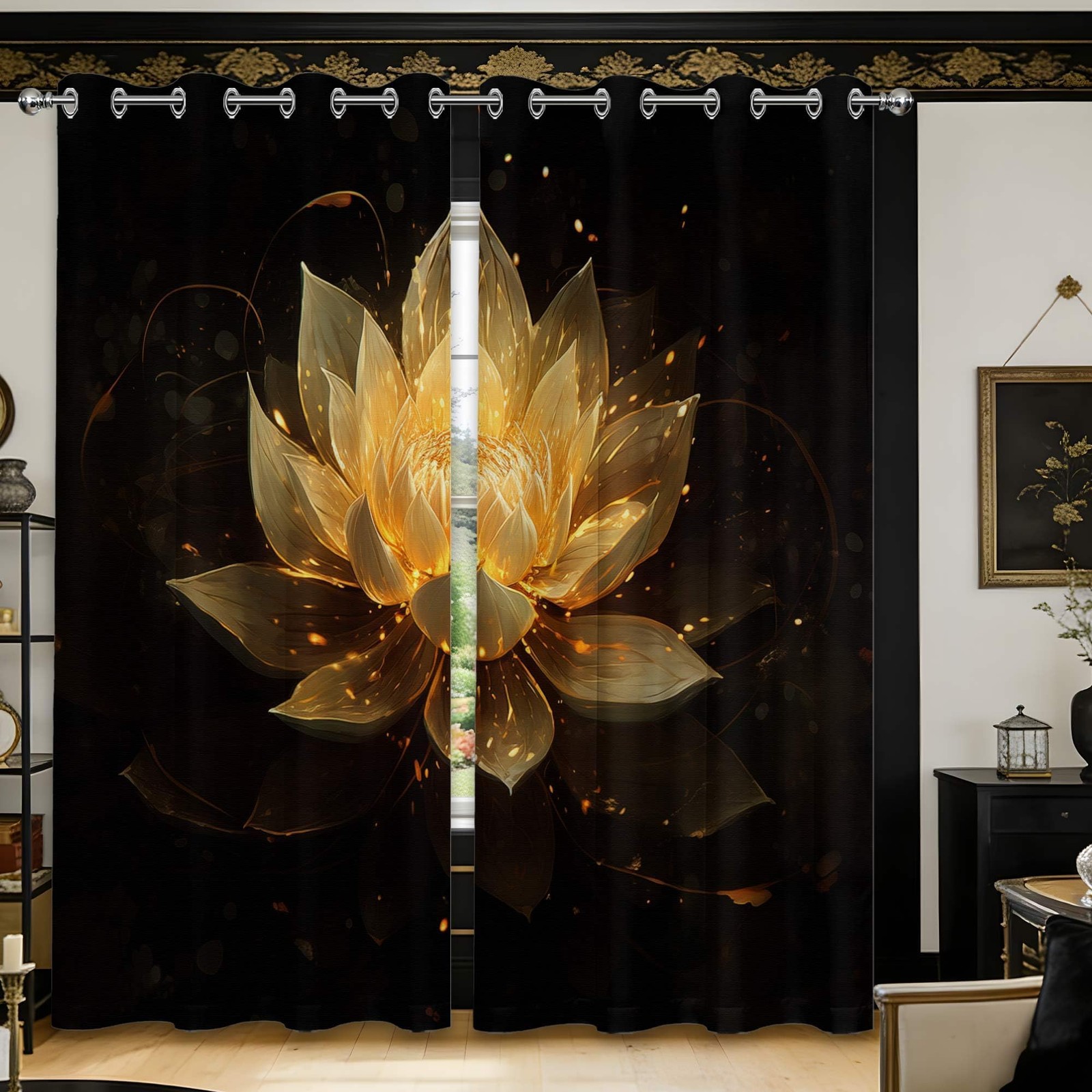 Black and Gold Lotus Blackout Curtains, Black and Yellow Lotus Flower Window …