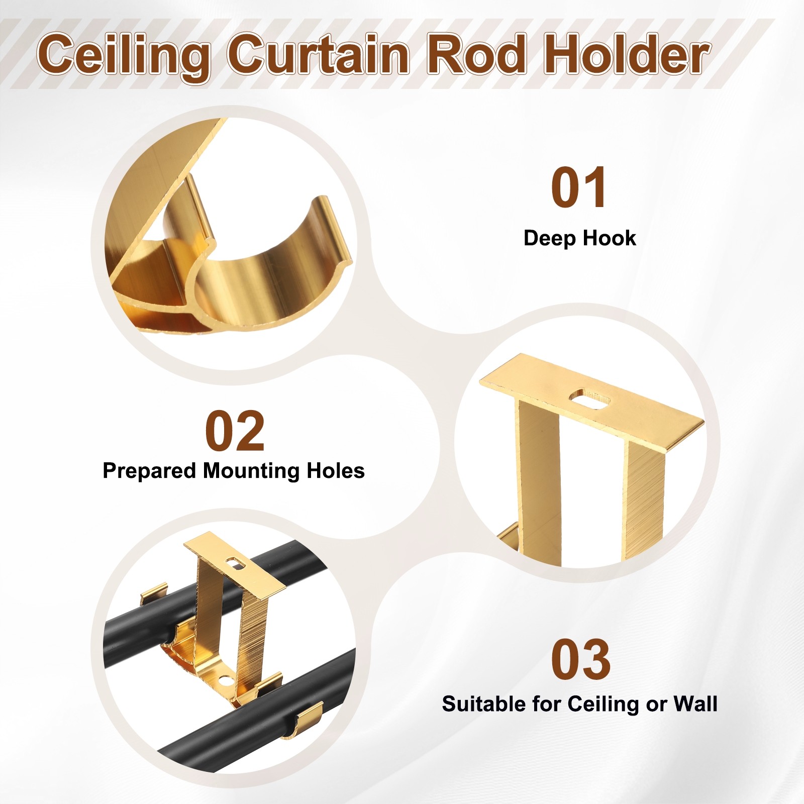 4Pcs Ceiling Curtain Rod Holder Double Drapery Bracket for 1″ Rod Bright Gold