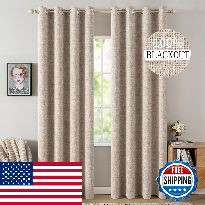 Miulee 100 Blackout Linen Textured Curtains For Bedroom Solid Thermal Insulated