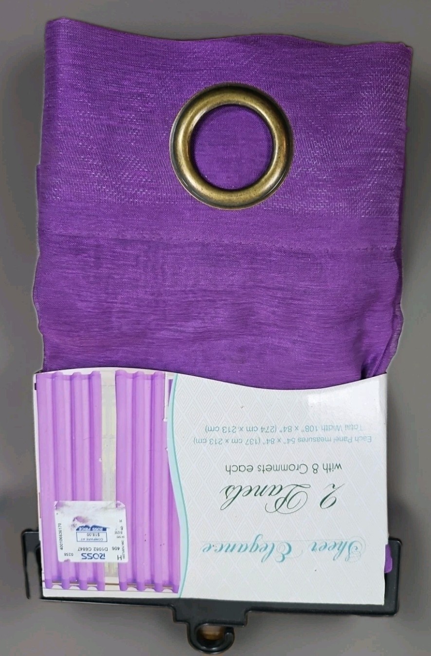 Two Plum Grommet Sheer Window Curtain Panels. 54in x 84in. Each New