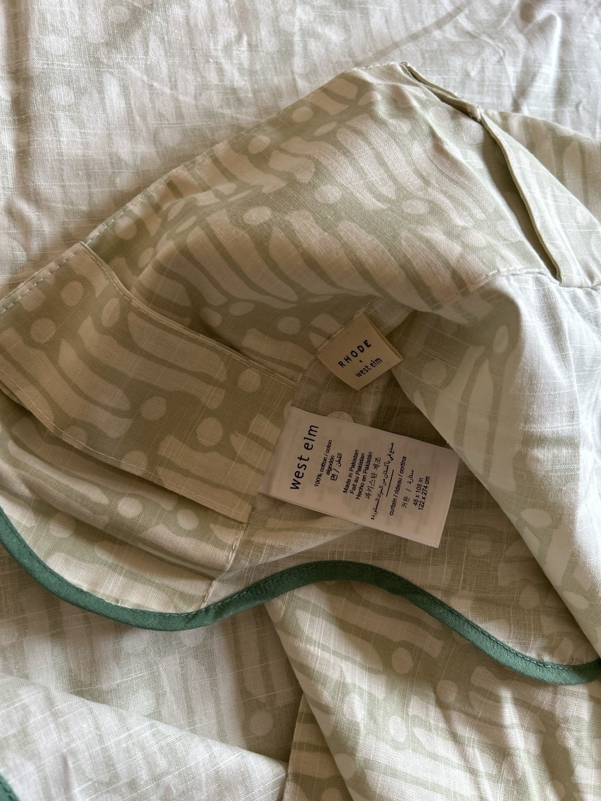 West Elm Batik Scallop Edge Unlined Curtains (2) 48”x108” Fog Green READ
