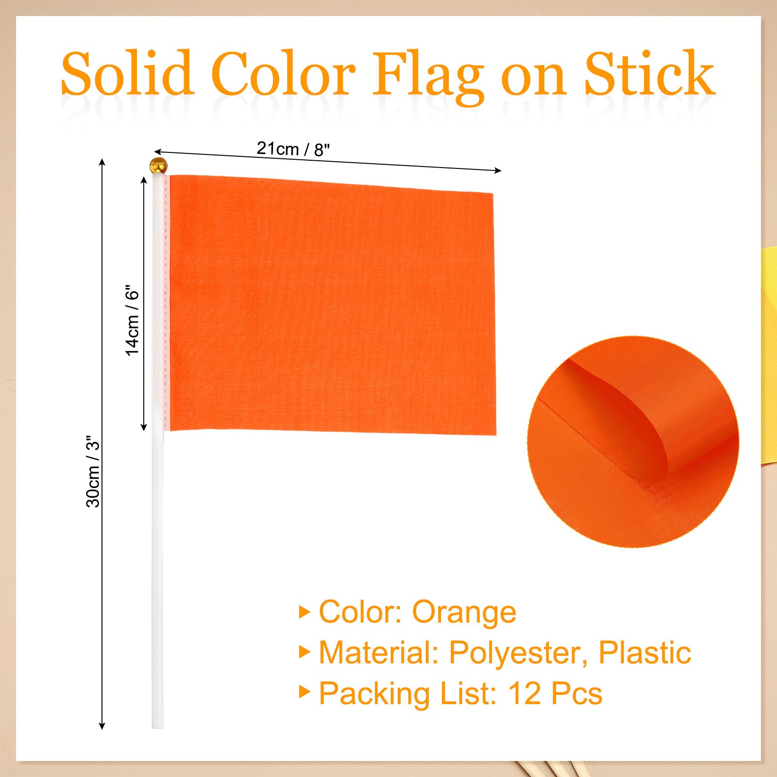 8×3 Inch Orange Blank Stick Flag, 12Pcs Solid Color Flag on Stick
