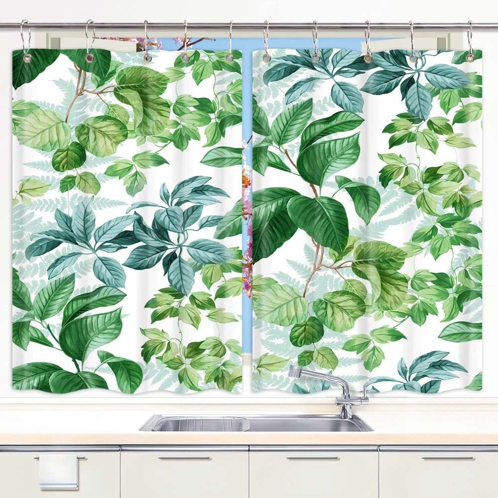 Leaves Kitchen Curtains Window Drapes 2 Panel Set with Hooks Waterproof Fabric