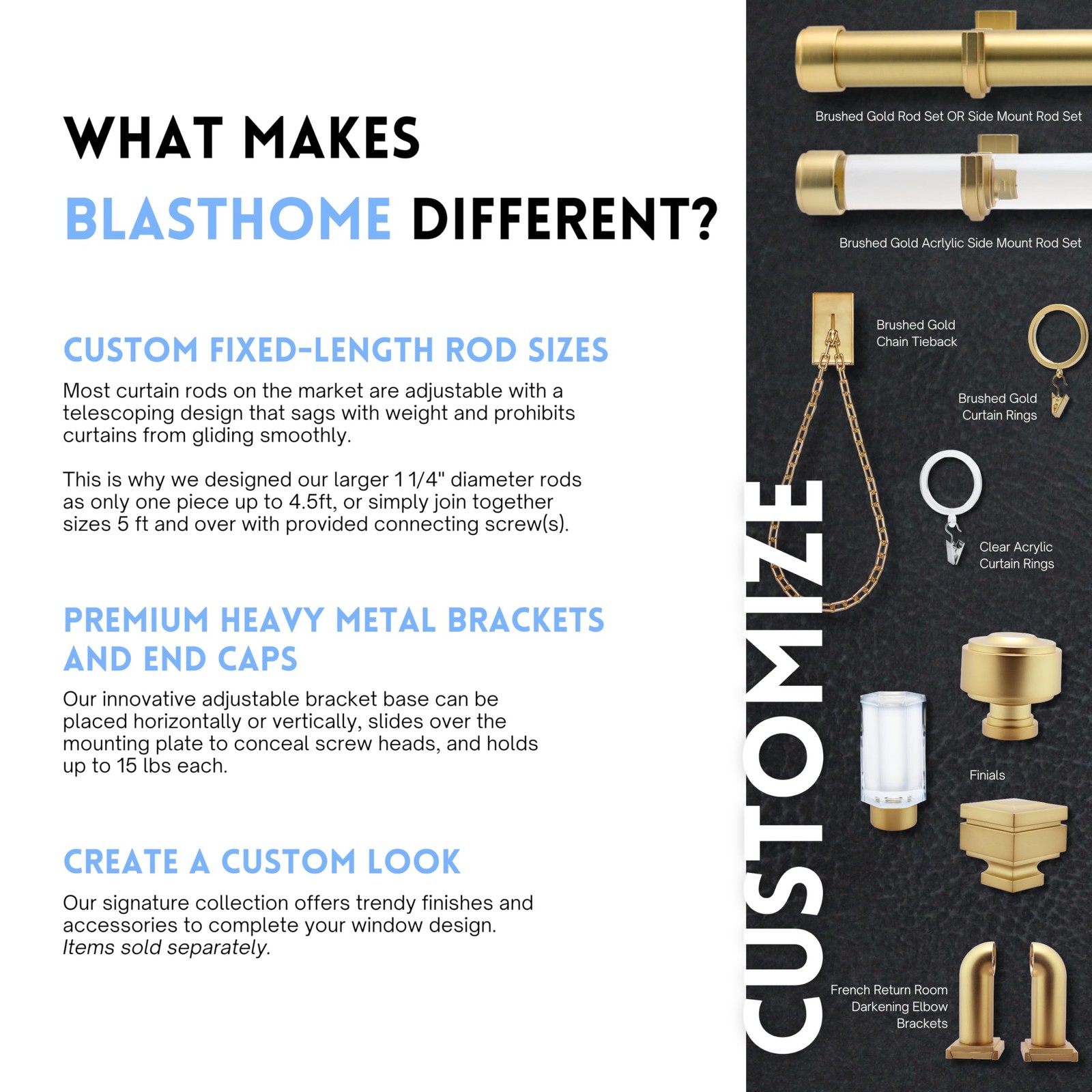BlastHome® Non-Adjustable Luxury Curtain Rods for 8 foot, Brushed Gold