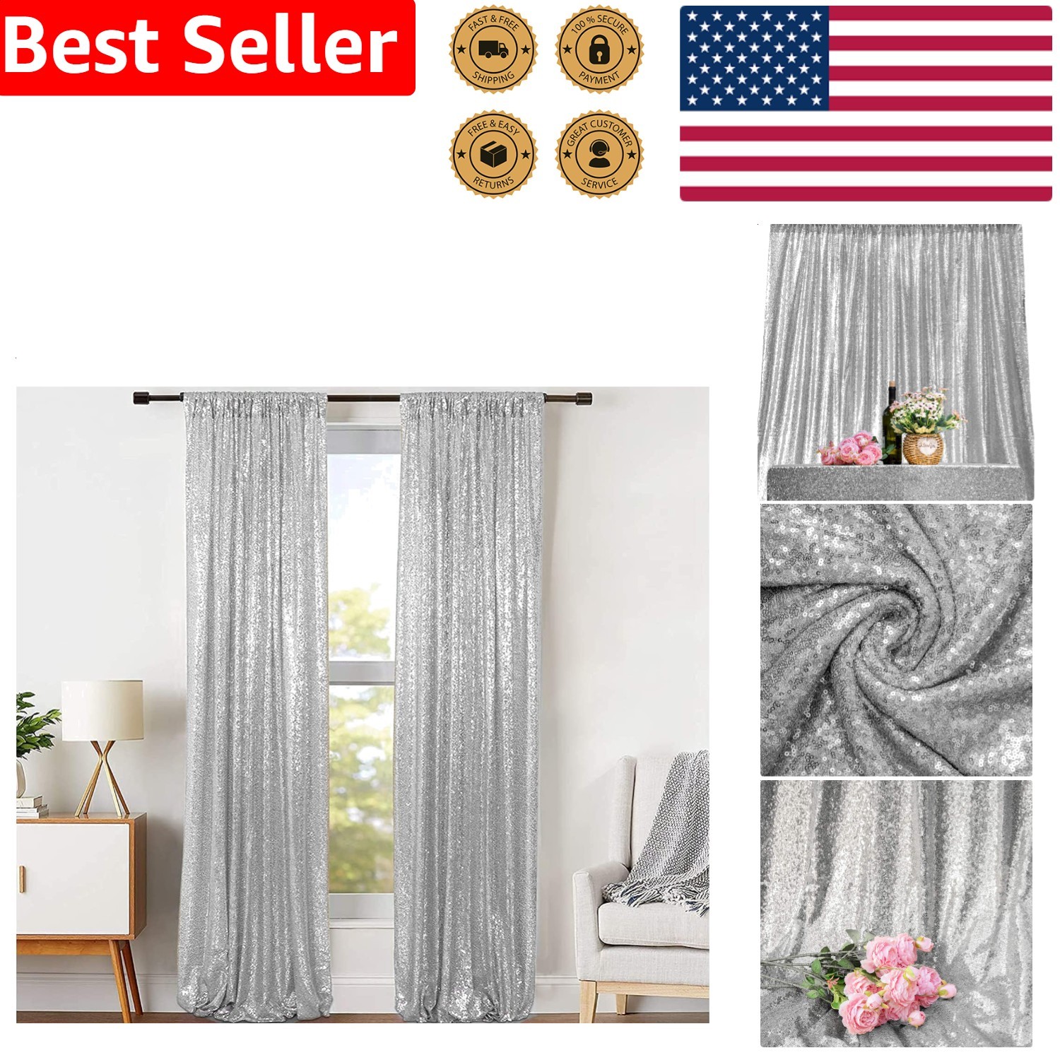 2ft x 8ft Silver Sequin Backdrop Curtains 2 Panel Glitter Photo Booth Drapes