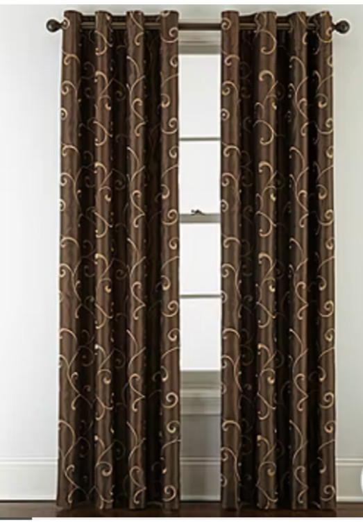 JCP HOME 50″ x 95″ PLAZA EMBROIDERY THERMAL GROMMET CURTAIN BROWN NEW