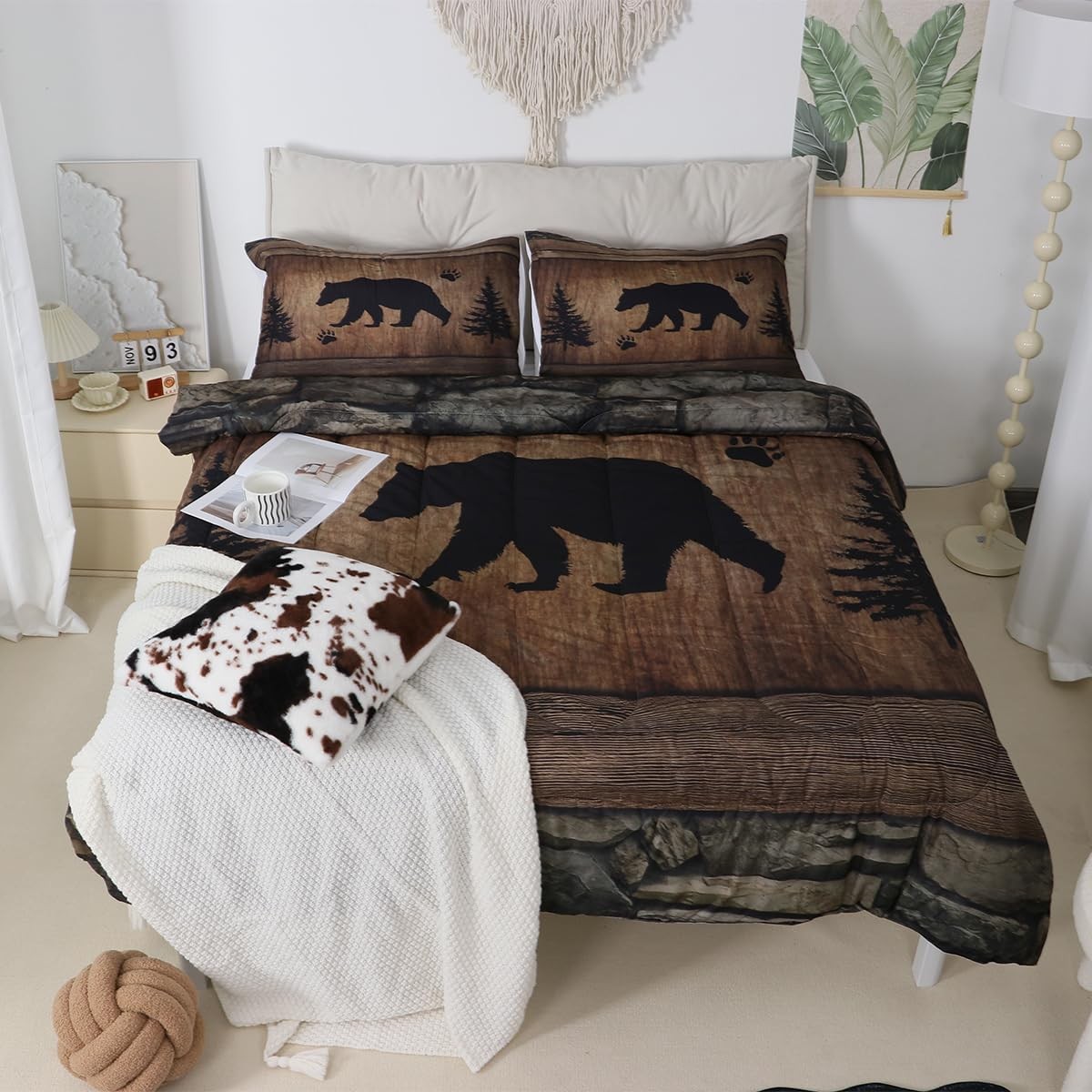 Rustic Bear Comforter Set Queen Size,Wild Animal Queen, Brown