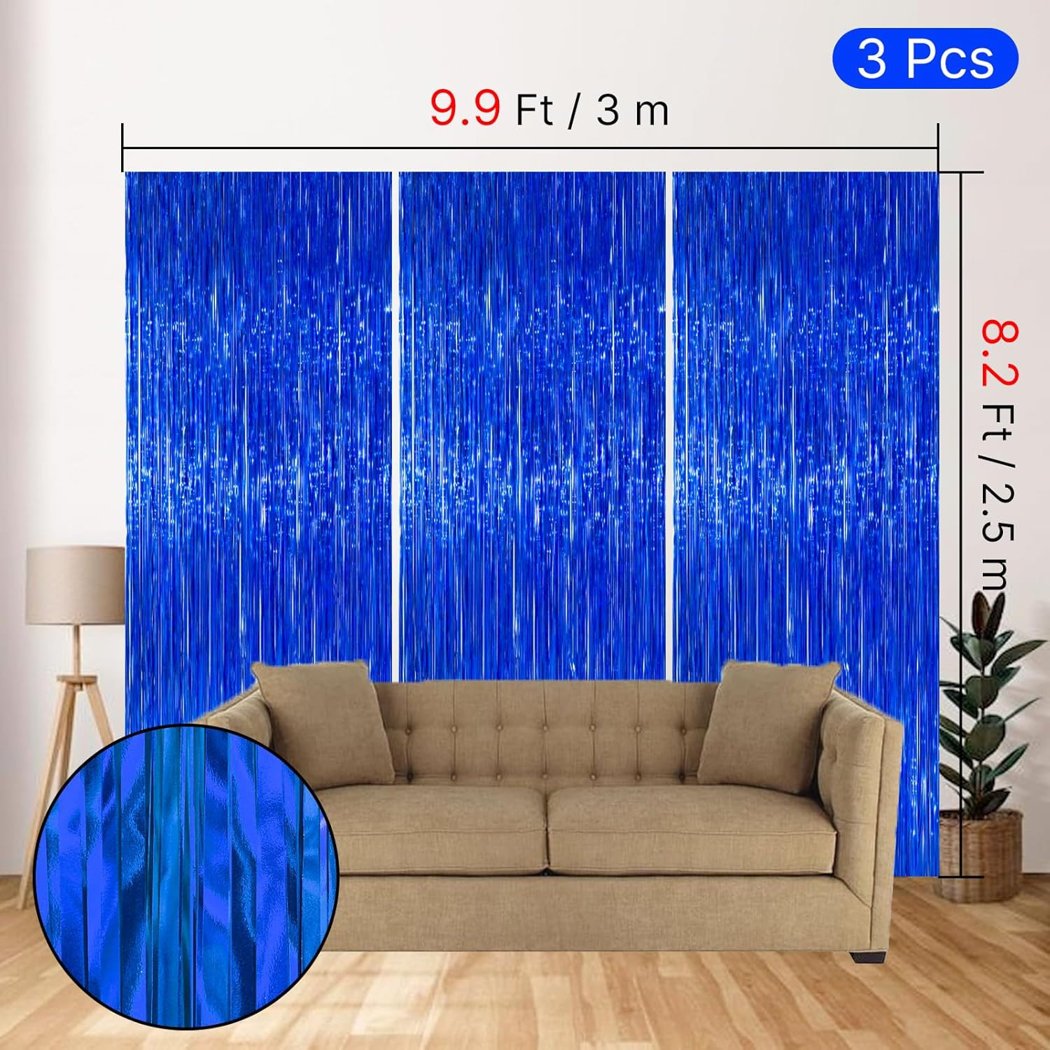 Dark Blue Streamers Fringe Backdrop 3Pcs Navy Blue Foil Fringe Curtain 8.2FT Tin