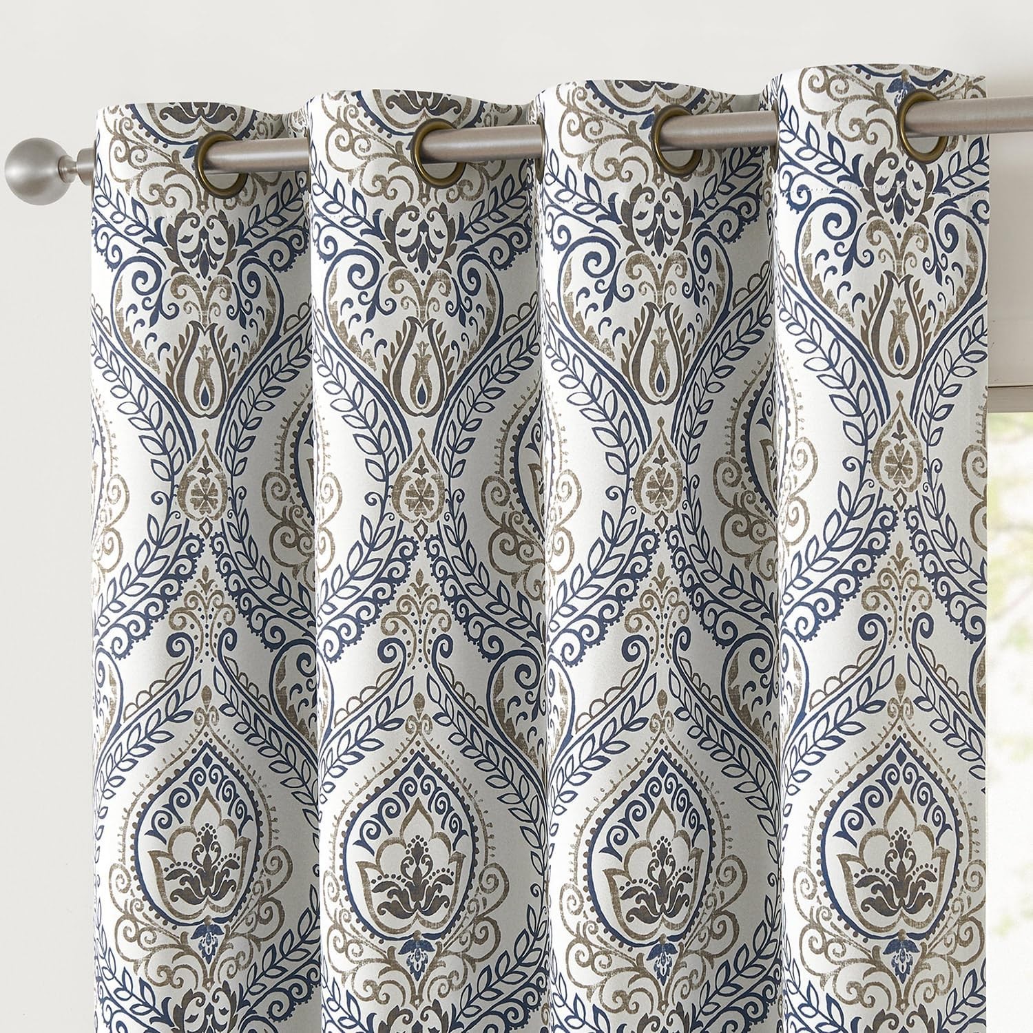 Blue Damask Blackout Curtains 96″ Grommet Thermal Insulated Drapes Set of 2