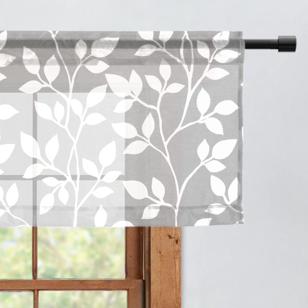 Sheer Valances for Kitchen Windows, Gray and White Leaf Spring Curtain Valenc…