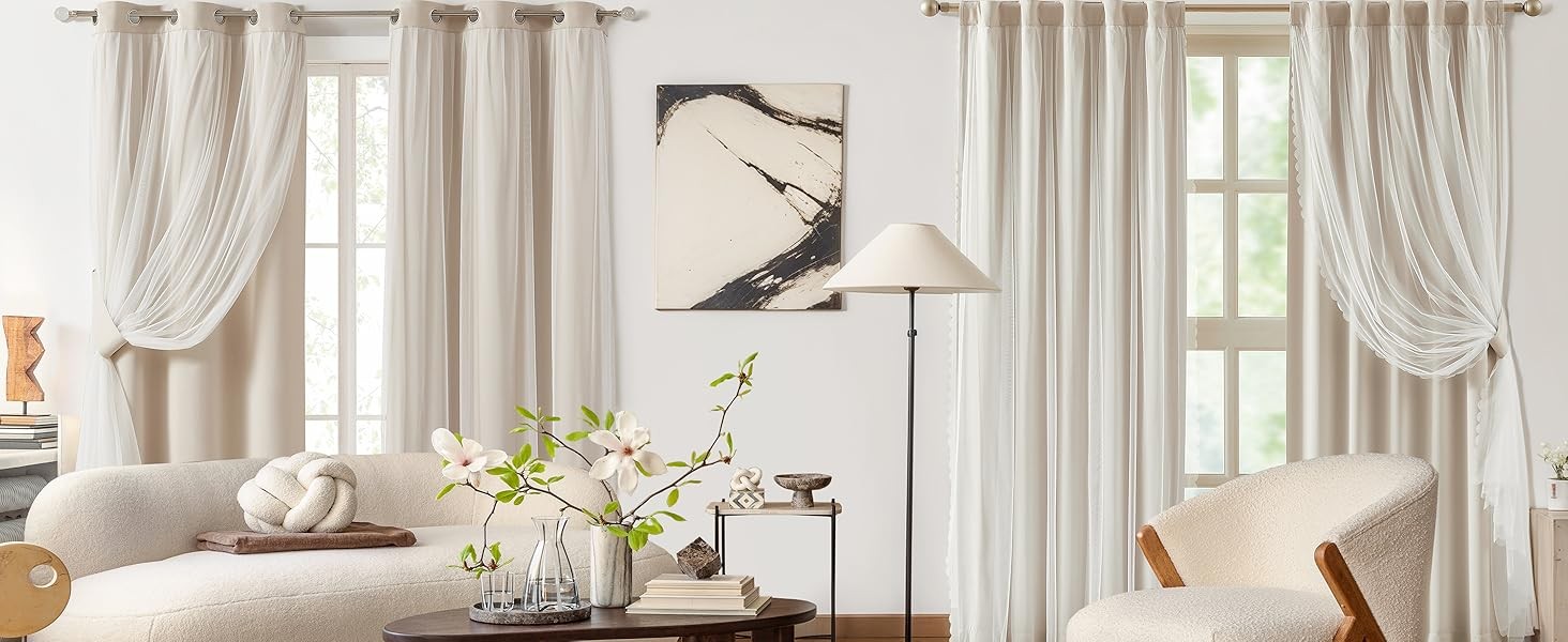 Beige 80% Blackout Curtains with Sheer Overlay Mix and Match Double Layer