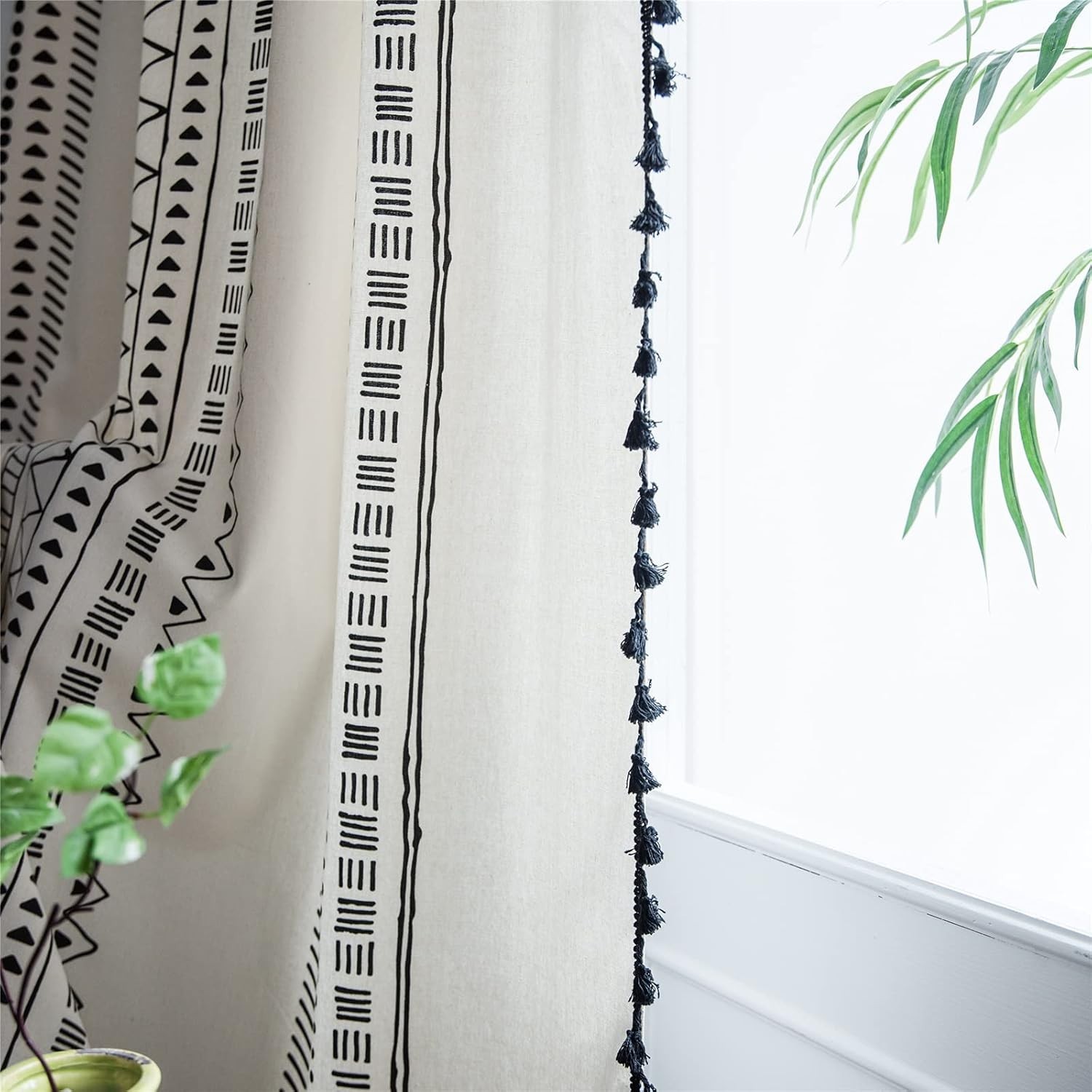 Bohemian Geometric Print Curtains 84” Long with Tassel – Cream & Black Elegance