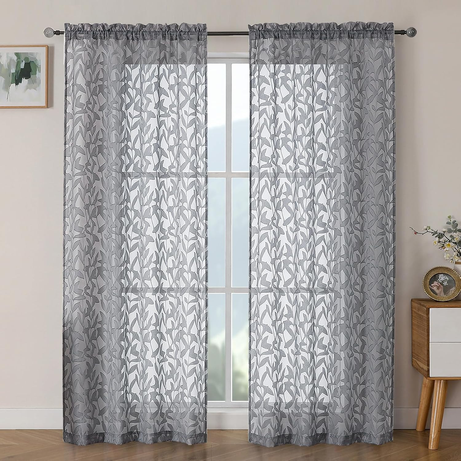 Leyna Charcoal Gray Sheer Curtains 72 Inches Long for Bedroom 2 Panels Set, Ligh