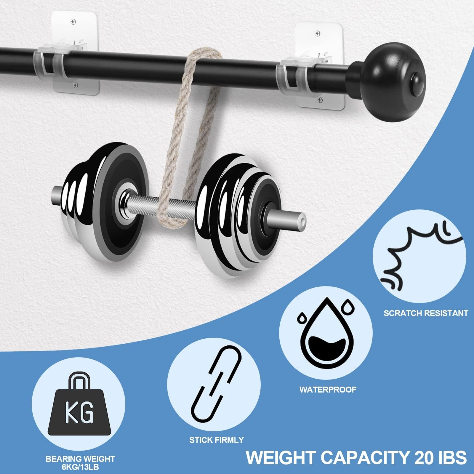 No-Drill Curtain-Rod Adhesive-Brackets Adjustable-Holder – 20 Pounds Nail Cur…