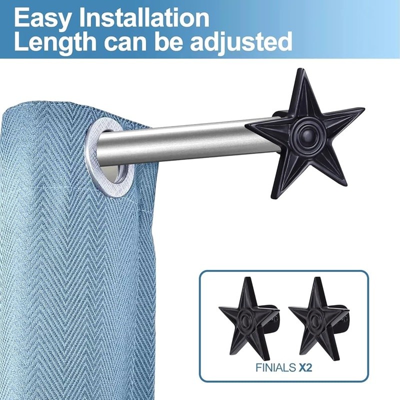 Adjustable Star Finial Curtain Rod Set Wall Mounted Alloy Steel 28″-120″ Length