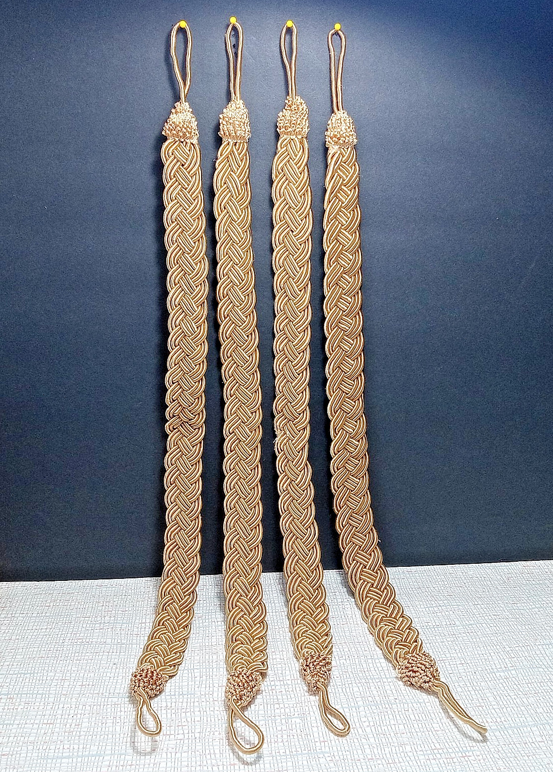 Set 4 Braided Curtain Tie Backs Gold Corded 24.5″ Long each Beautiful