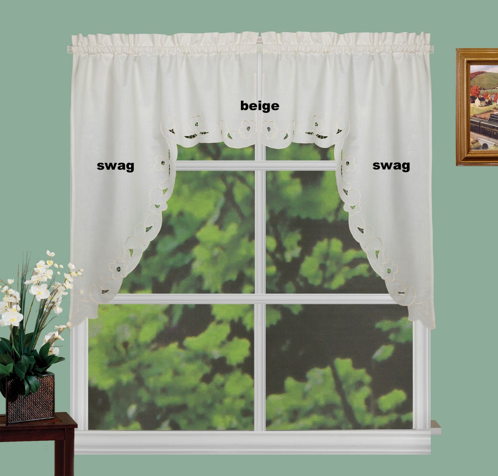 Cutwork Kitchen Curtain Valance, Tier, Swag White or Beige #501 SILKE