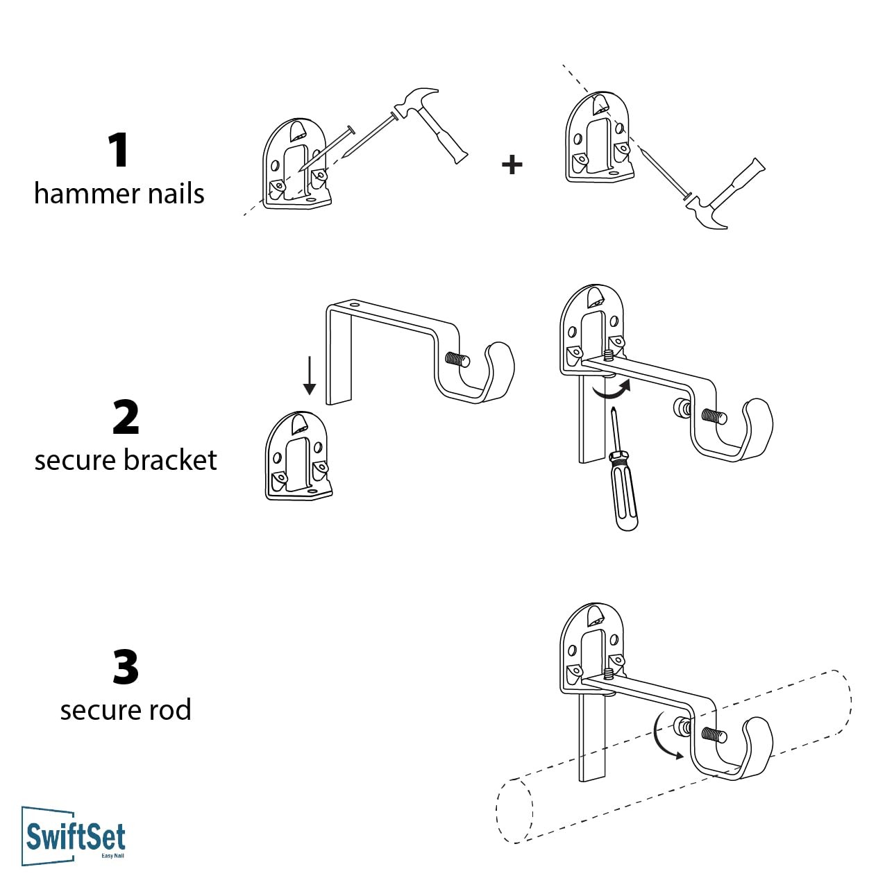 3 PCS Universal Curtain Rod Bracket Nickel Heavy Duty Steel No Drill Install