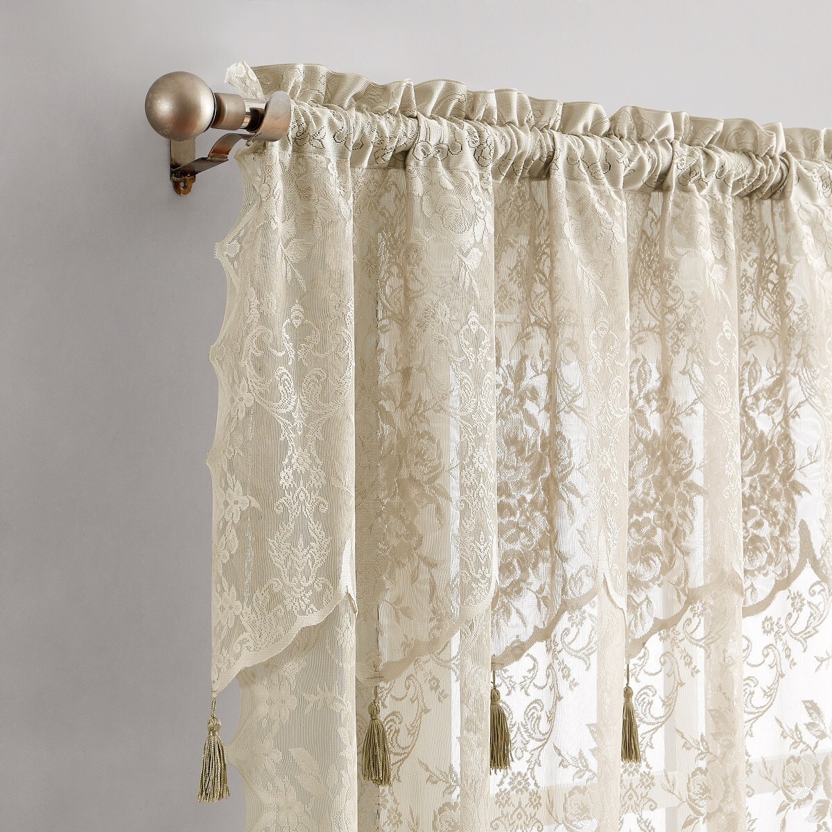 WARM HOME DESIGNS Pair of 2 Sheer Lace Curtains with Attached Valances & Tassels