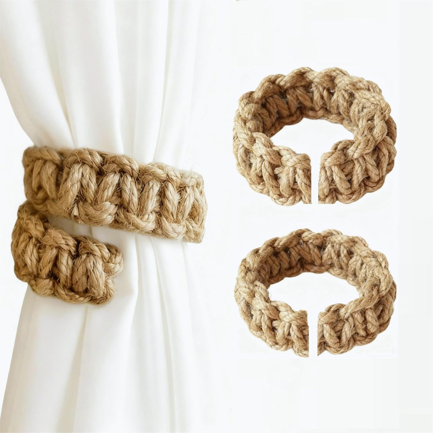 2-Pack Braided Jute Curtain Tiebacks Rustic Boho Drapery Holdbacks Brown