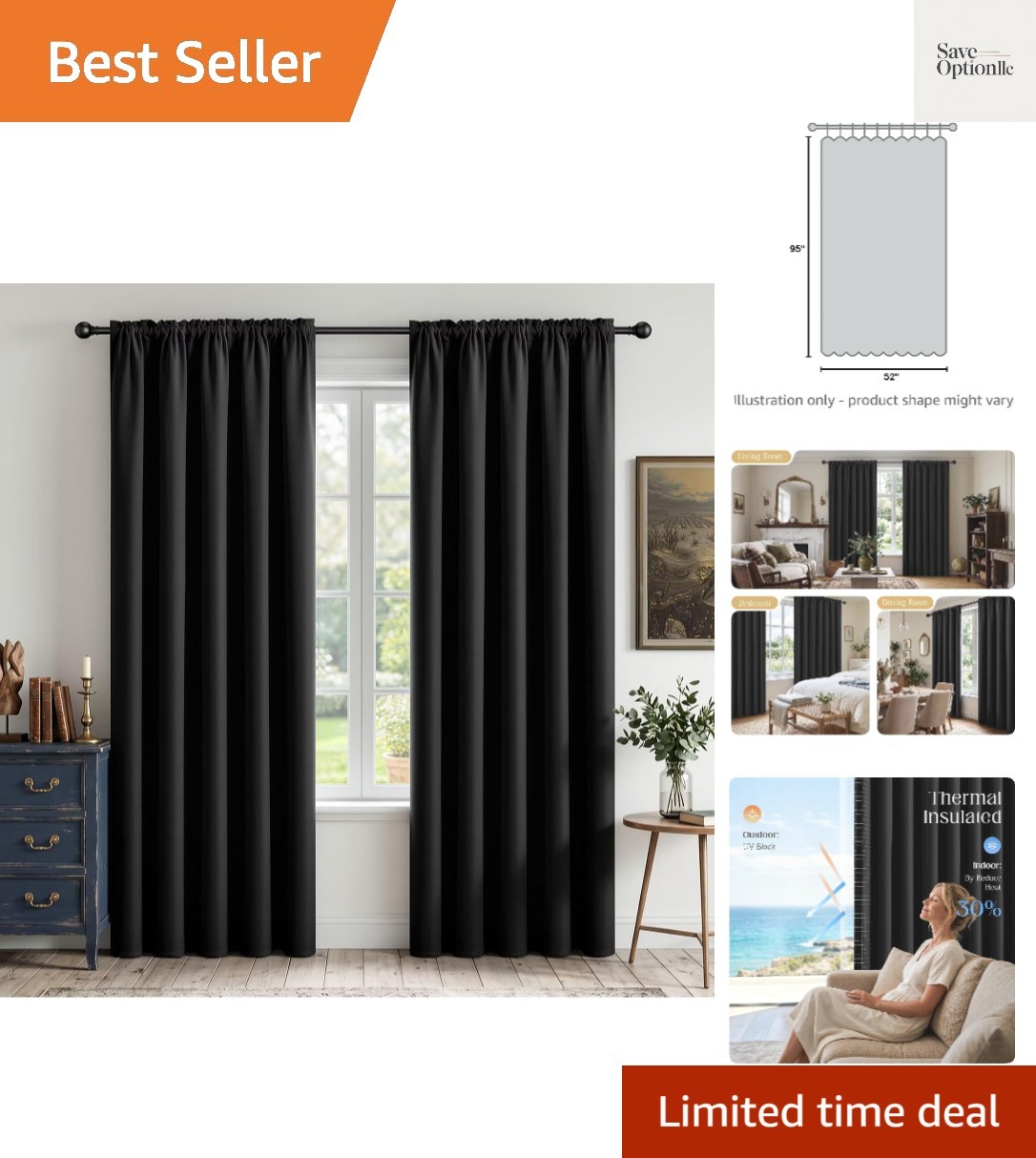 Black Blackout Curtains 96 inch Length 2 Panels Set, Rod Pocket Room Darkenin…