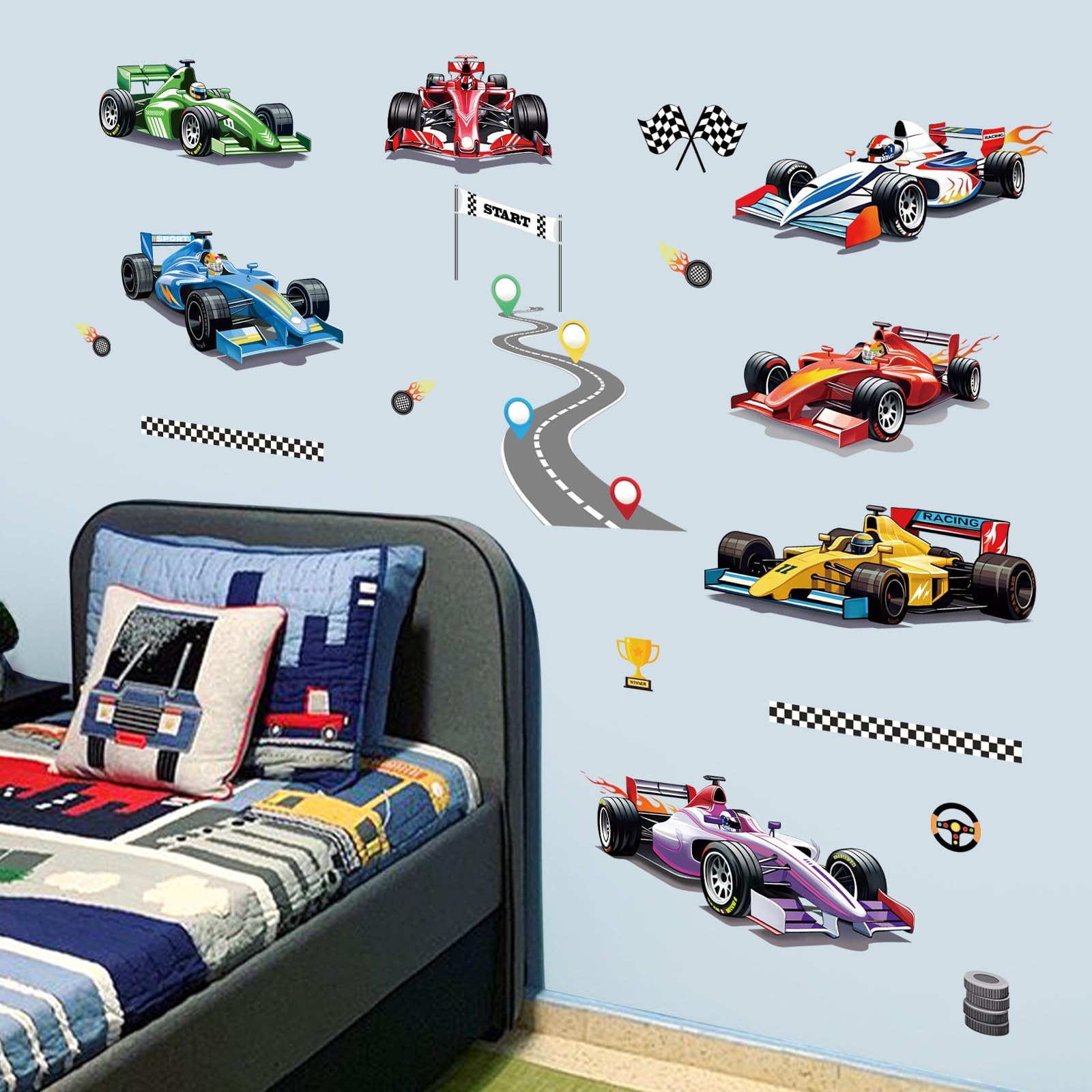 wondever Racing Car Wall Stickers Vehicles Roads Peel and Stick Art A